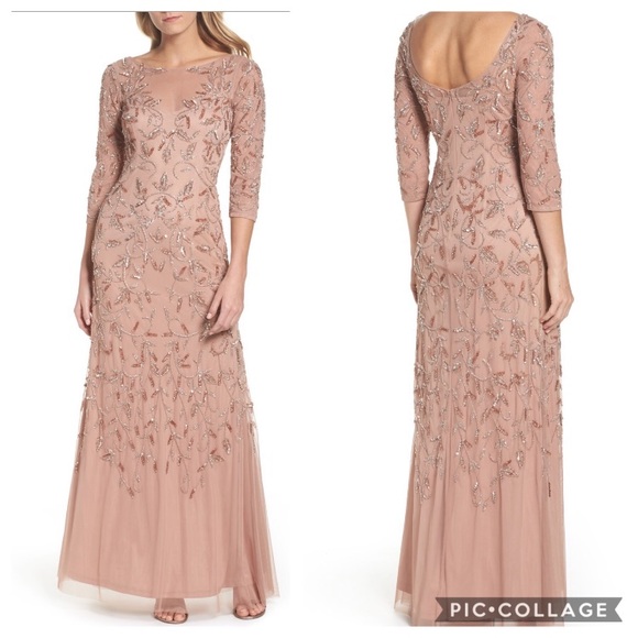 Adrianna Papell beaded Long sleeve rose gold godet dress - Picture 2 of 15